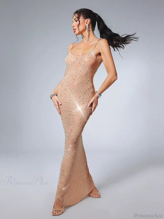 Sexy Spaghetti Strap Perspective Luxury Diamond Sleeveless See Through Party Dress