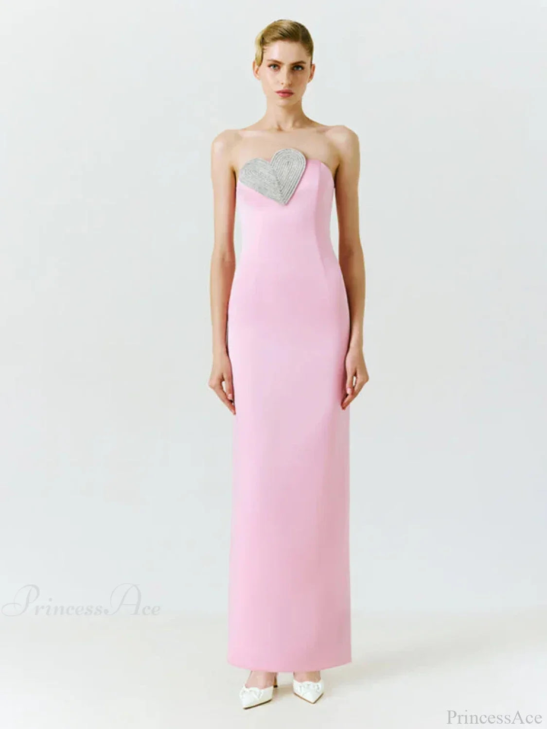 Sexy Strapless Heart Crystal Design Long Pink Sleeveless Diamonds Elegant Party Dress