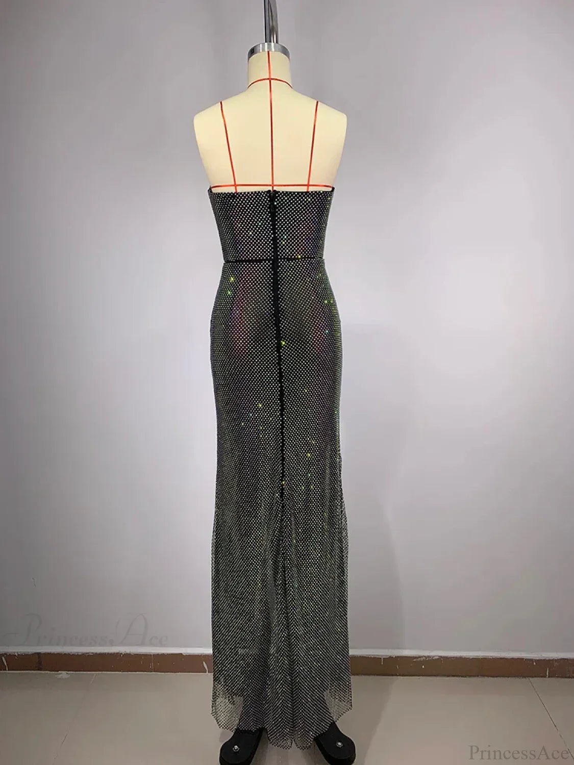 Sexy Strapless Luxury Diamonds Long Dress Shiny Sequins Crystal Folds Party Dress