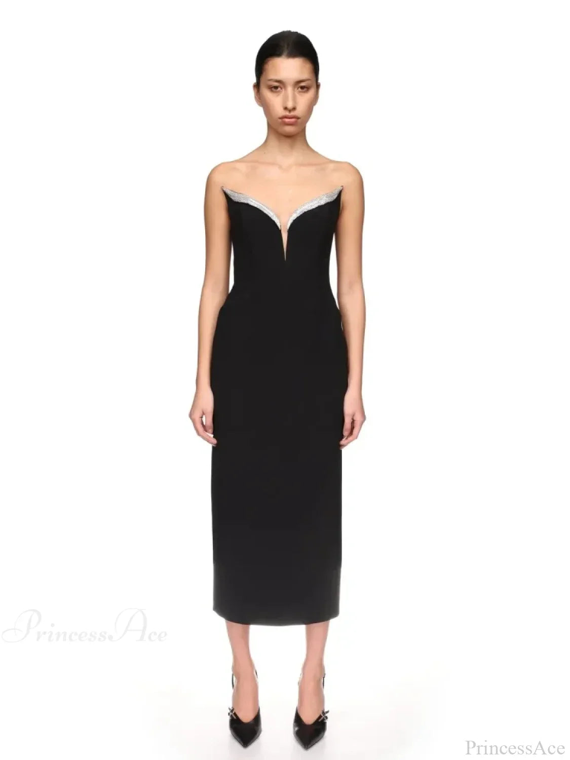 Sexy Strapless V Neck Diamonds Bandage Black Sleeveless Party Dress