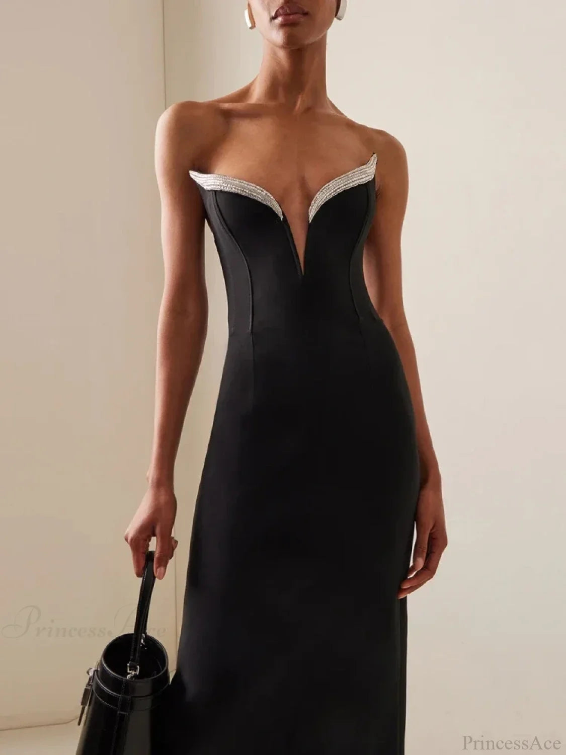 Sexy Strapless V Neck Diamonds Bandage Black Sleeveless Party Dress