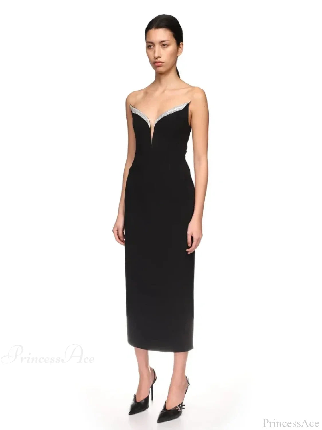 Sexy Strapless V Neck Diamonds Bandage Black Sleeveless Party Dress