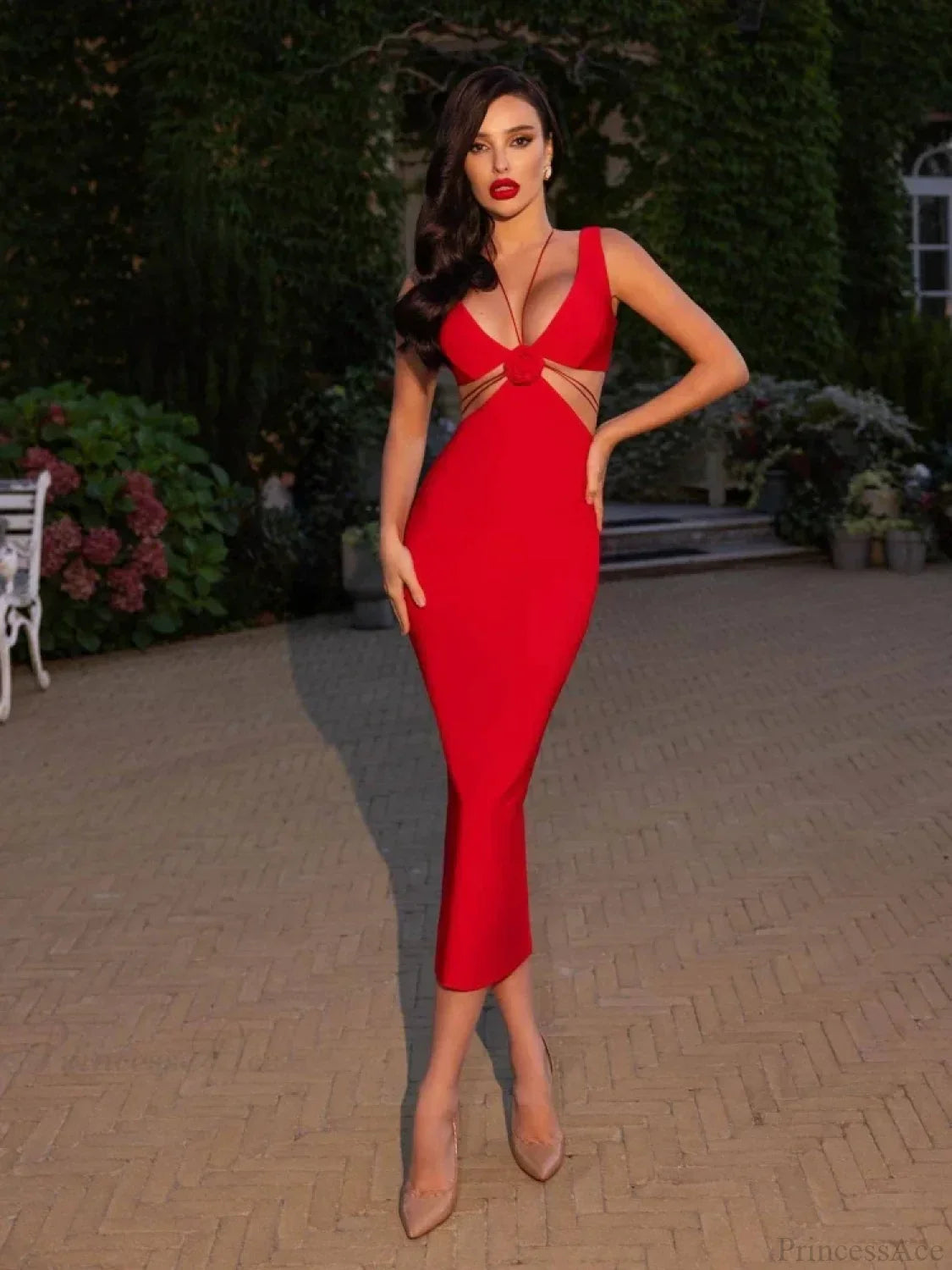 Sexy V Neck Flower Hollow Out Design Midi Dress Halter Party Dress