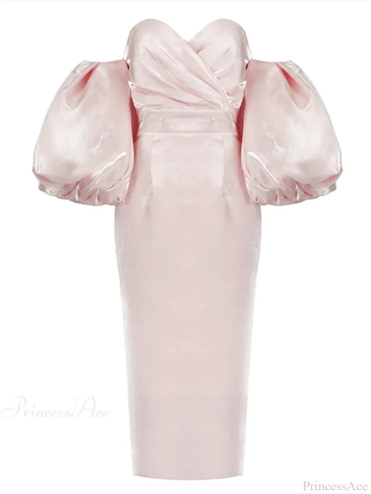 Sexy V-neck Strapless Puff Sleeve Satin Midi Off Shoulder Party Dress