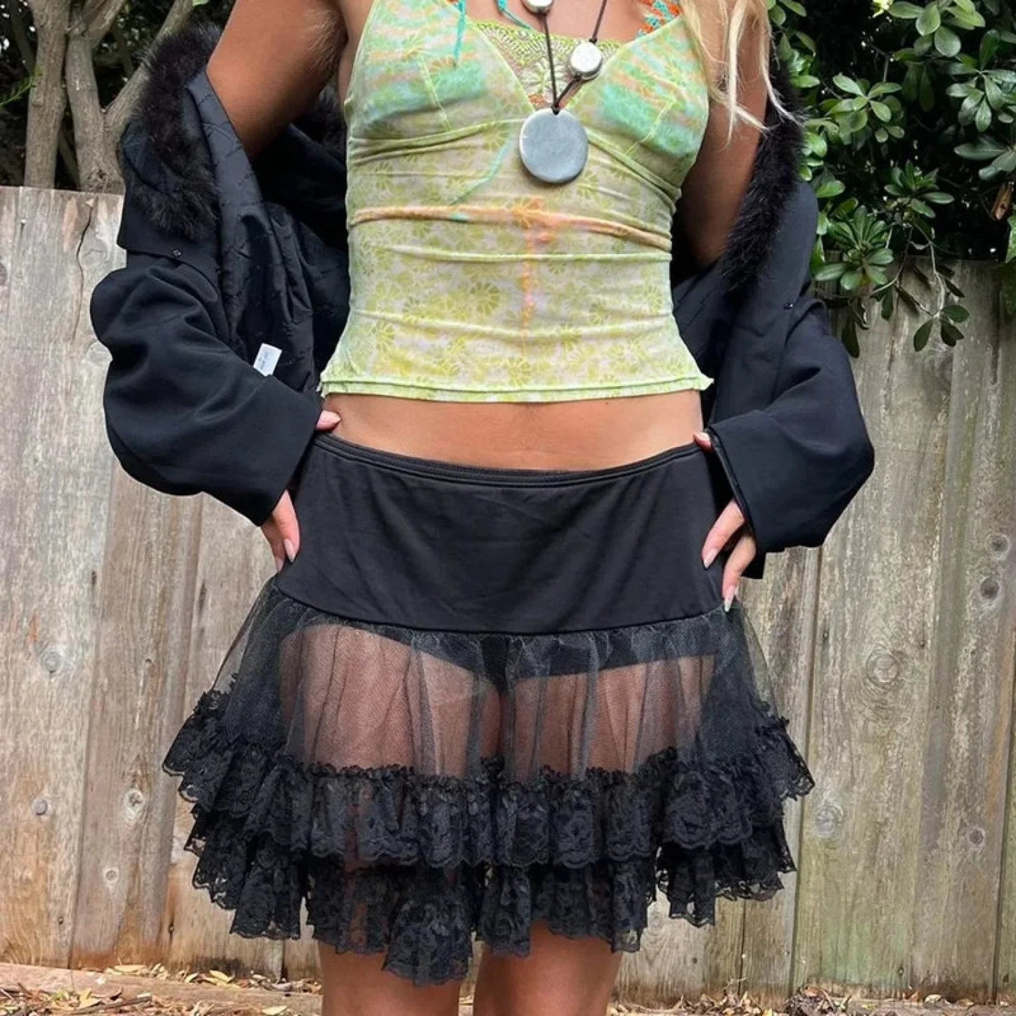 Sheer Ruffle Tiered Lace Skirt
