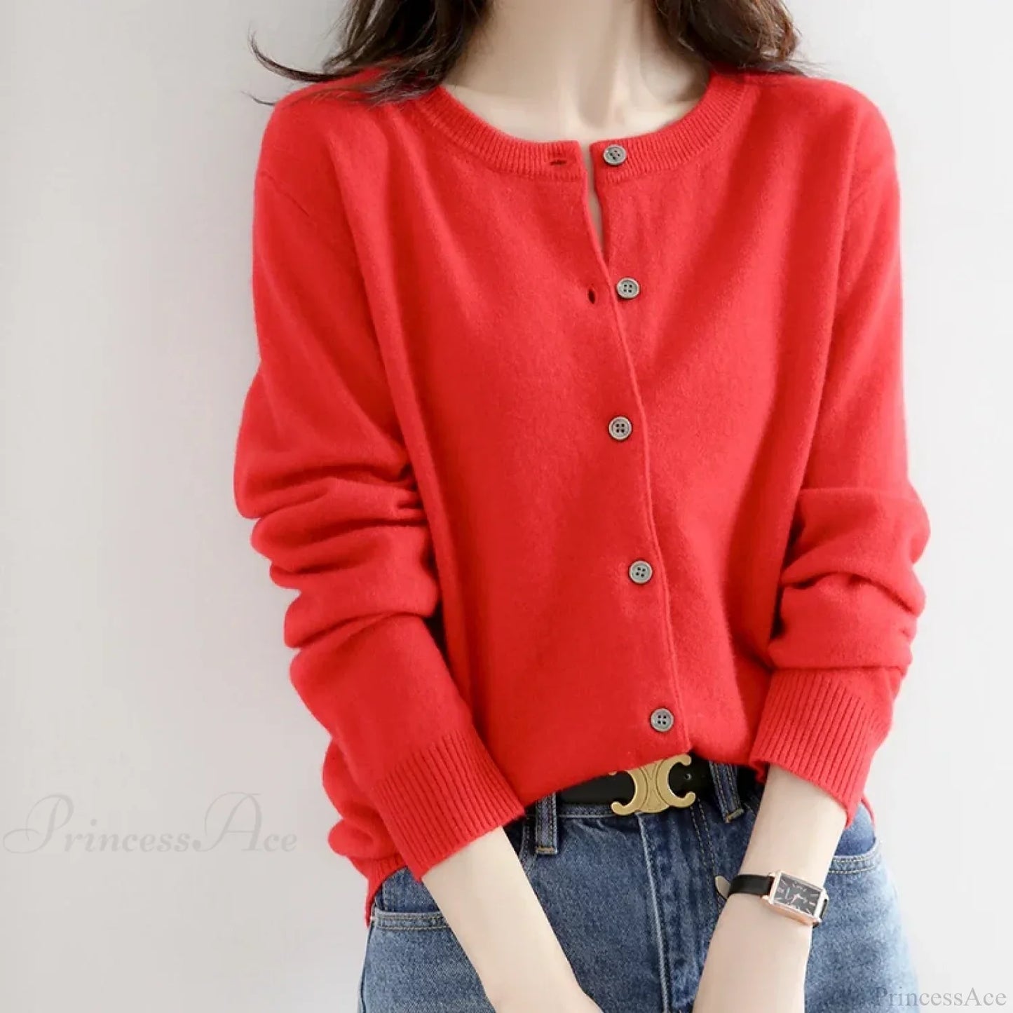 Short Slim O-Neck Single Breasted Gold Camel Knit Cardigan