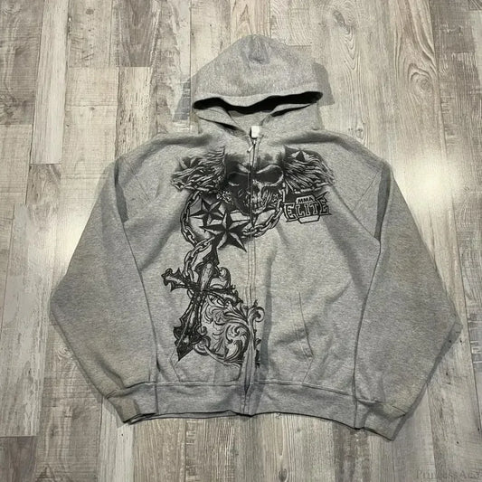 Skull Print Zipper Casual Hoodie