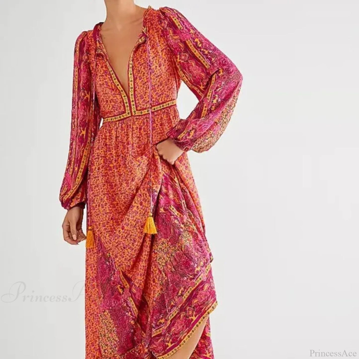 Solid Color V-neck Flare Sleeve Summer Boho Dress