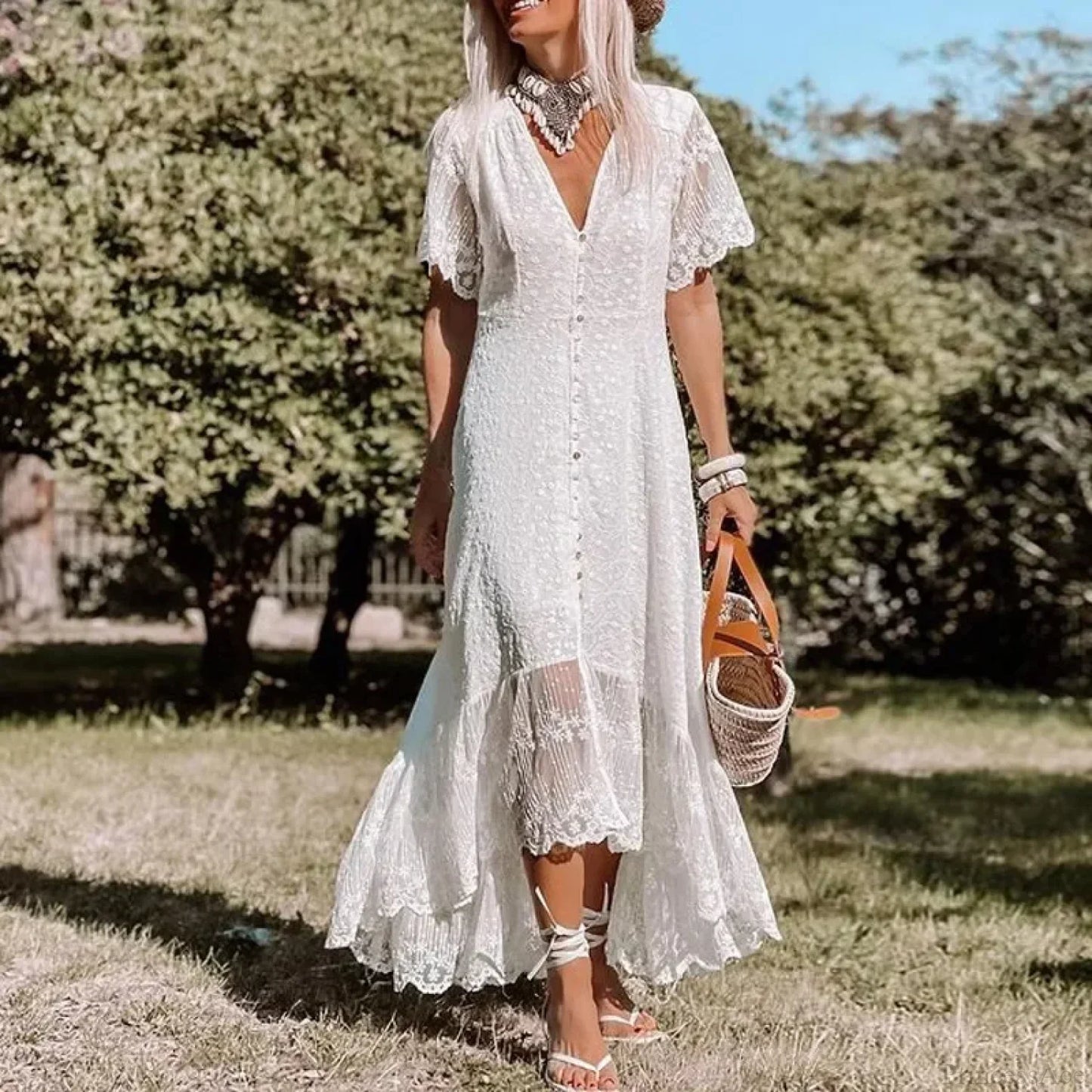Solid Floral Short Sleeve Boho Dress