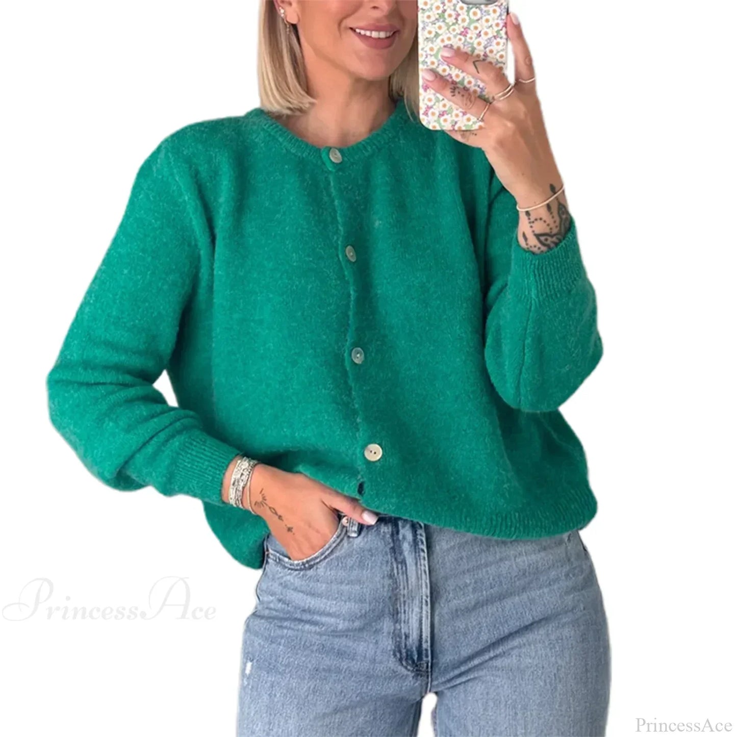 Solid O-neck Cropped Knitted Cardigan