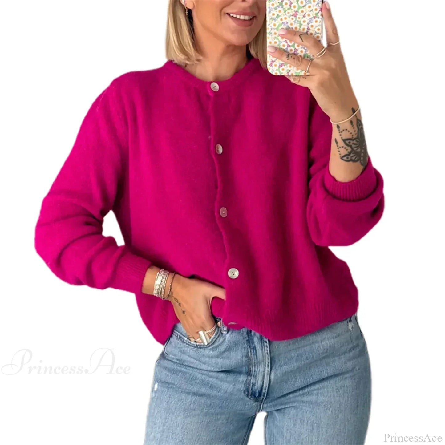Solid O-neck Cropped Knitted Cardigan