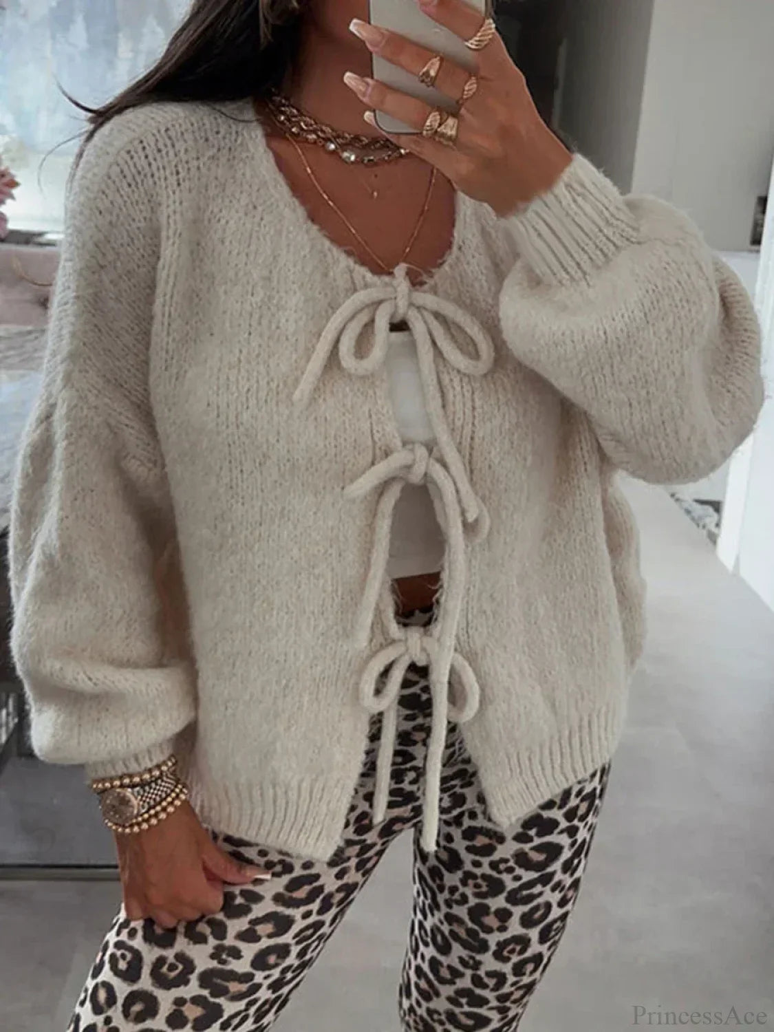 Solid Tie Front Round Neck Loose Cardigan