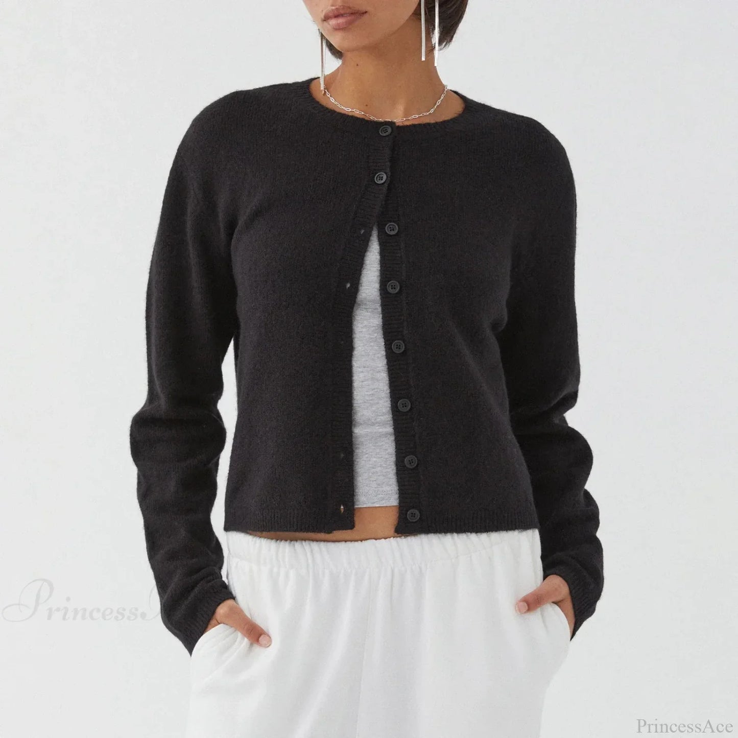 Solid Vintage Round Neck Button Cardigan