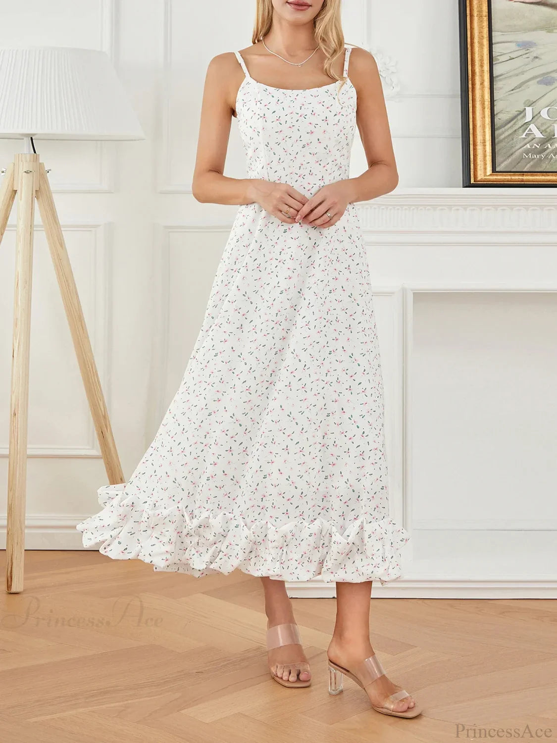 Spaghetti Strap Ruffled Long Sweet Sling Bubble Hem A-line Floral Dress