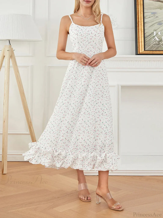 Spaghetti Strap Ruffled Long Sweet Sling Bubble Hem A-line Floral Dress