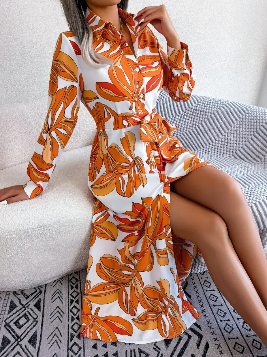 Spring Summer Contrast Floral Polo Collar Shirt Floral Dress