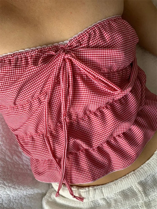Strapless Plaid Ruched Backless Tube Crop Top