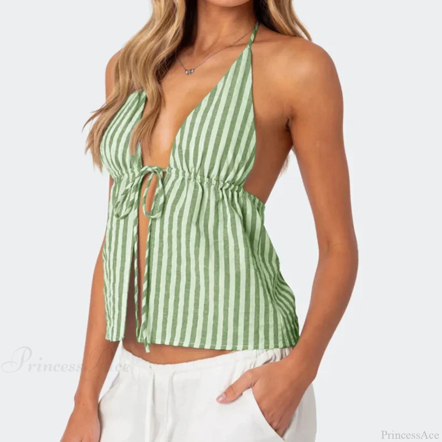 Striped Front Tie Halter Low Cut Crop Top