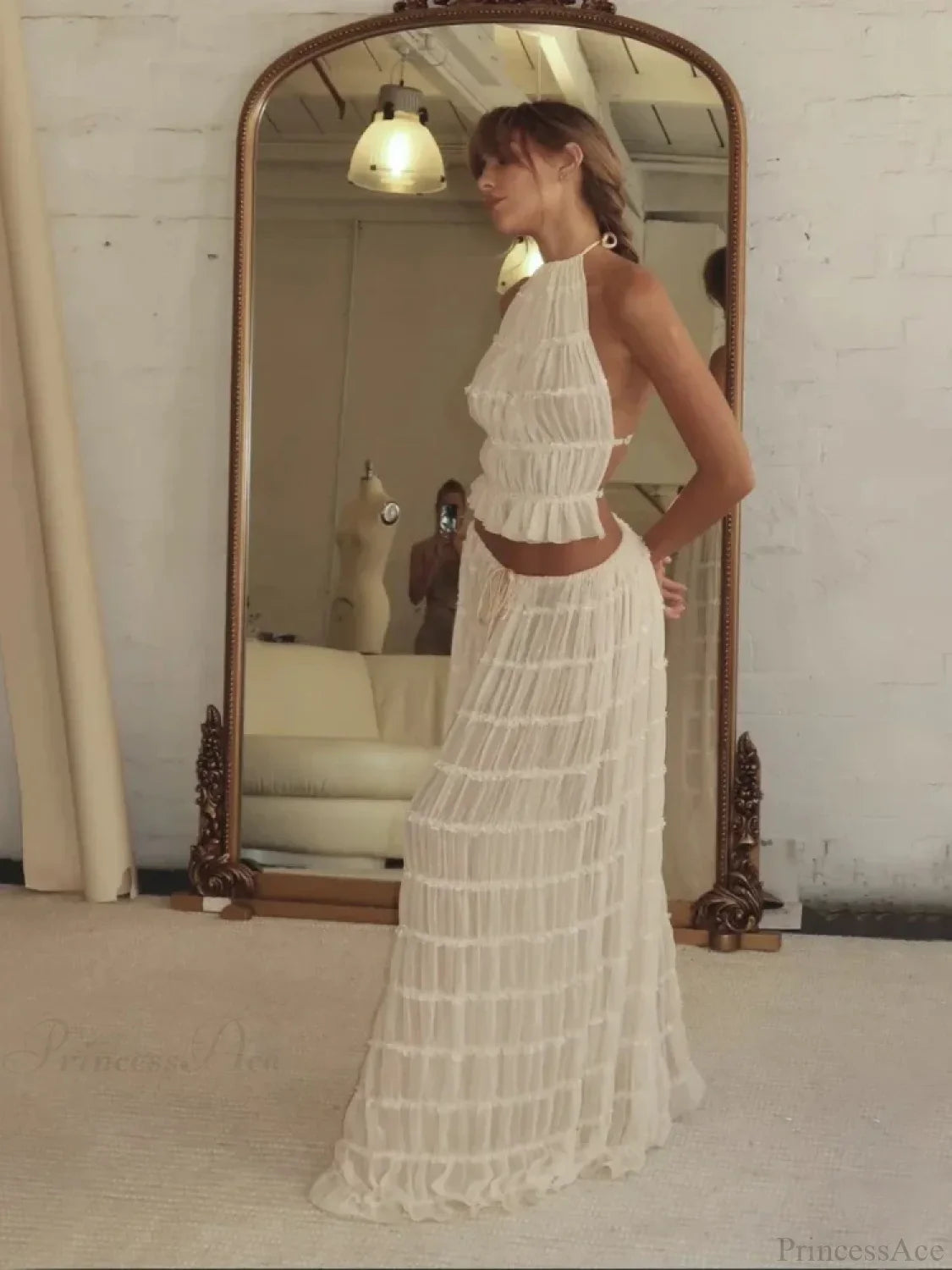 Summer Sexy Sleeveless Backless Top High Waist Skirt Beach Party Dress