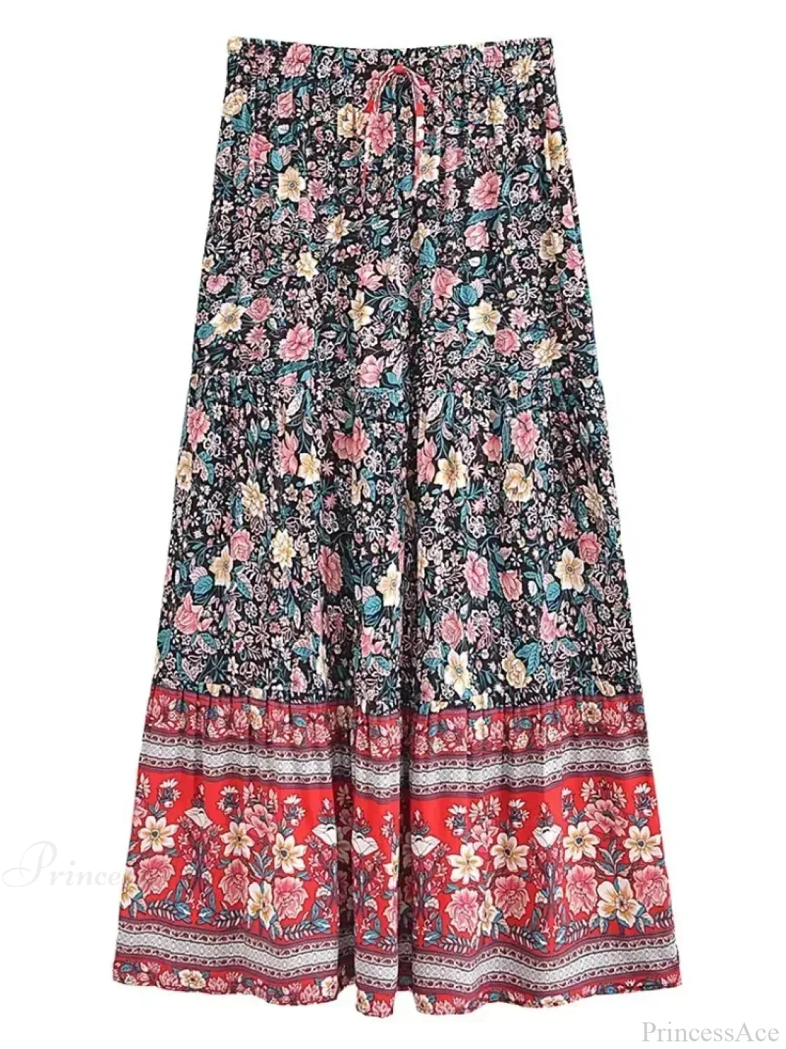 Tassel Floral Print Beach Boho Pleated Maxi Skirt Femme