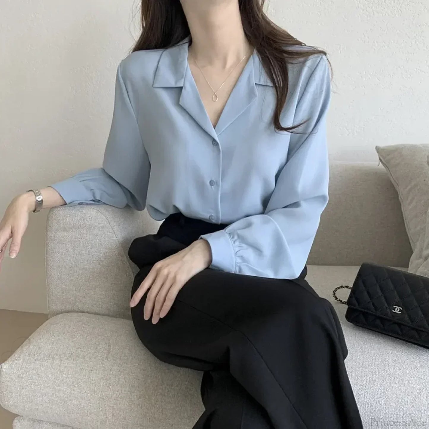 Thin Solid Color Long Sleeve Turn Down Collar Blouse