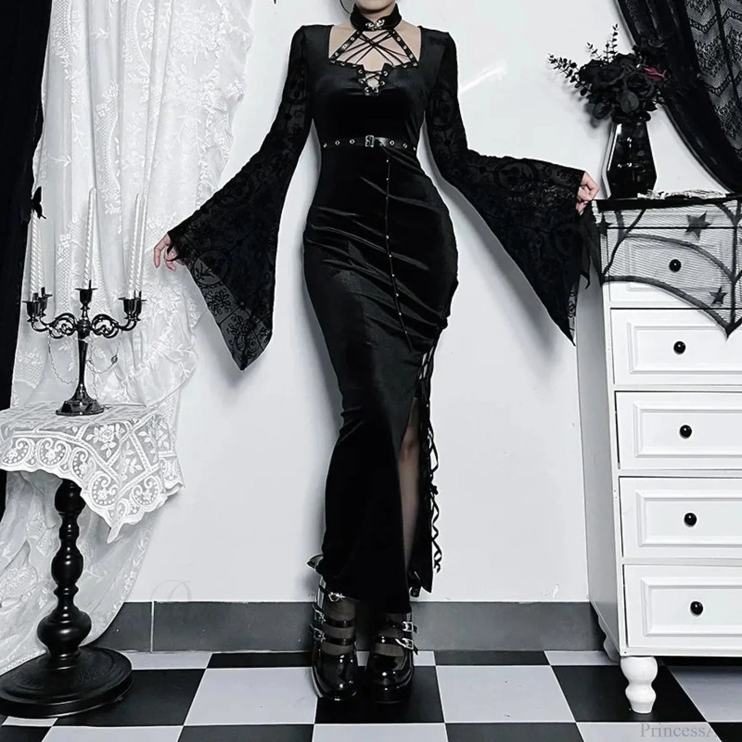 Thin Suede Separated Flared Full-Length Dress