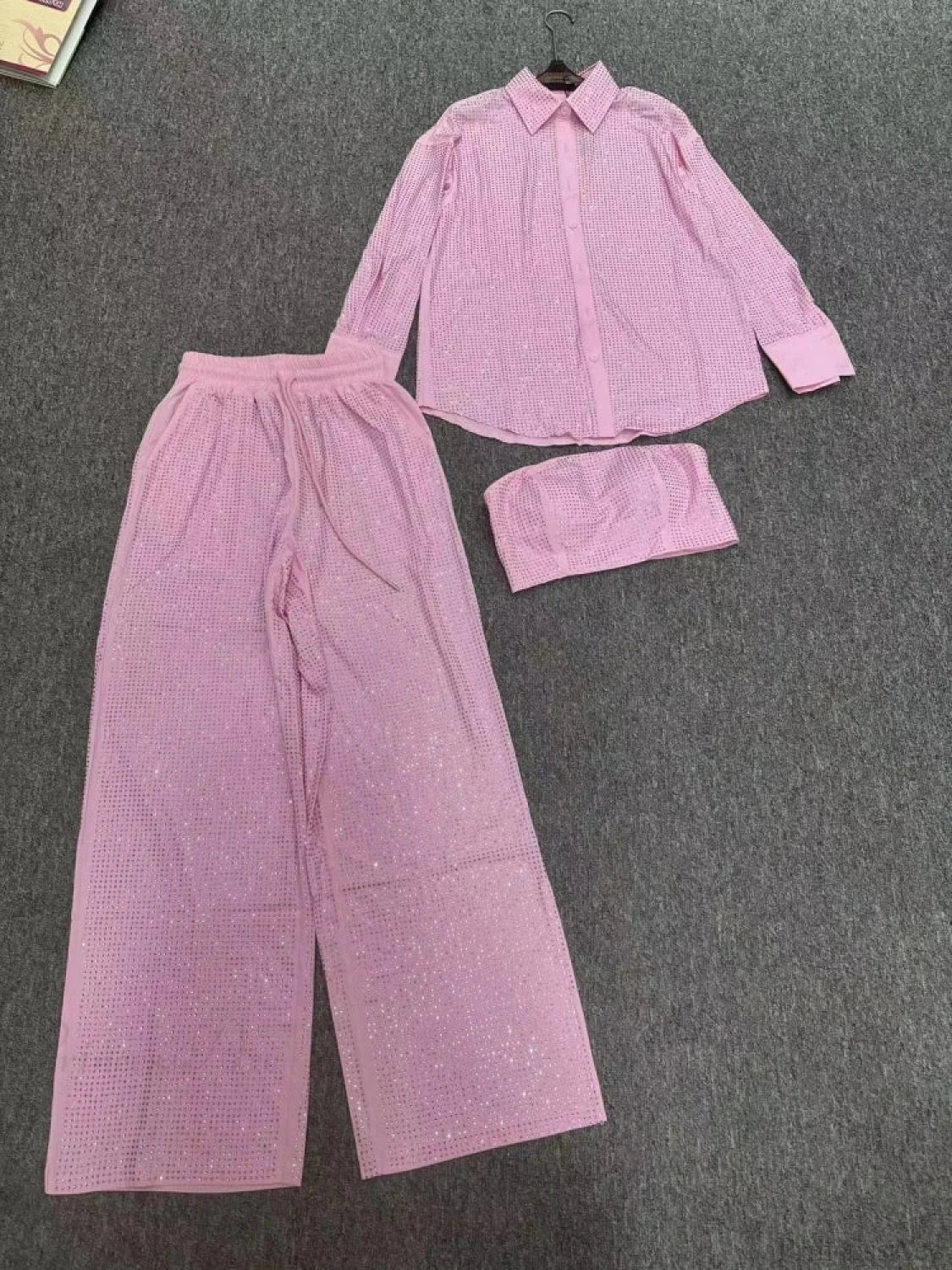 Three Piece Pants Set Sexy Sparkle Diamonds Long Sleeve Pink Party Dress