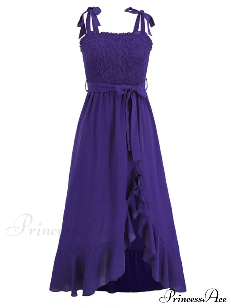 Tie Smock Solid Color Shoulder Slit Ruffle Midi for Gown Women