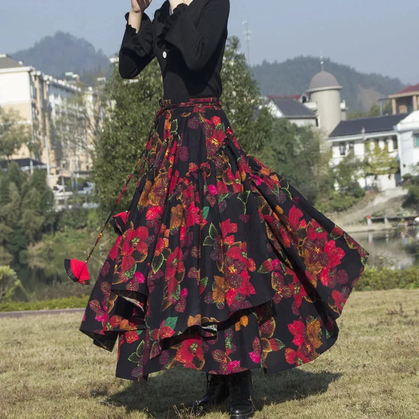 TIYIHAILEY Floral Print Maxi Skirt Elastic Waist Cotton Linen