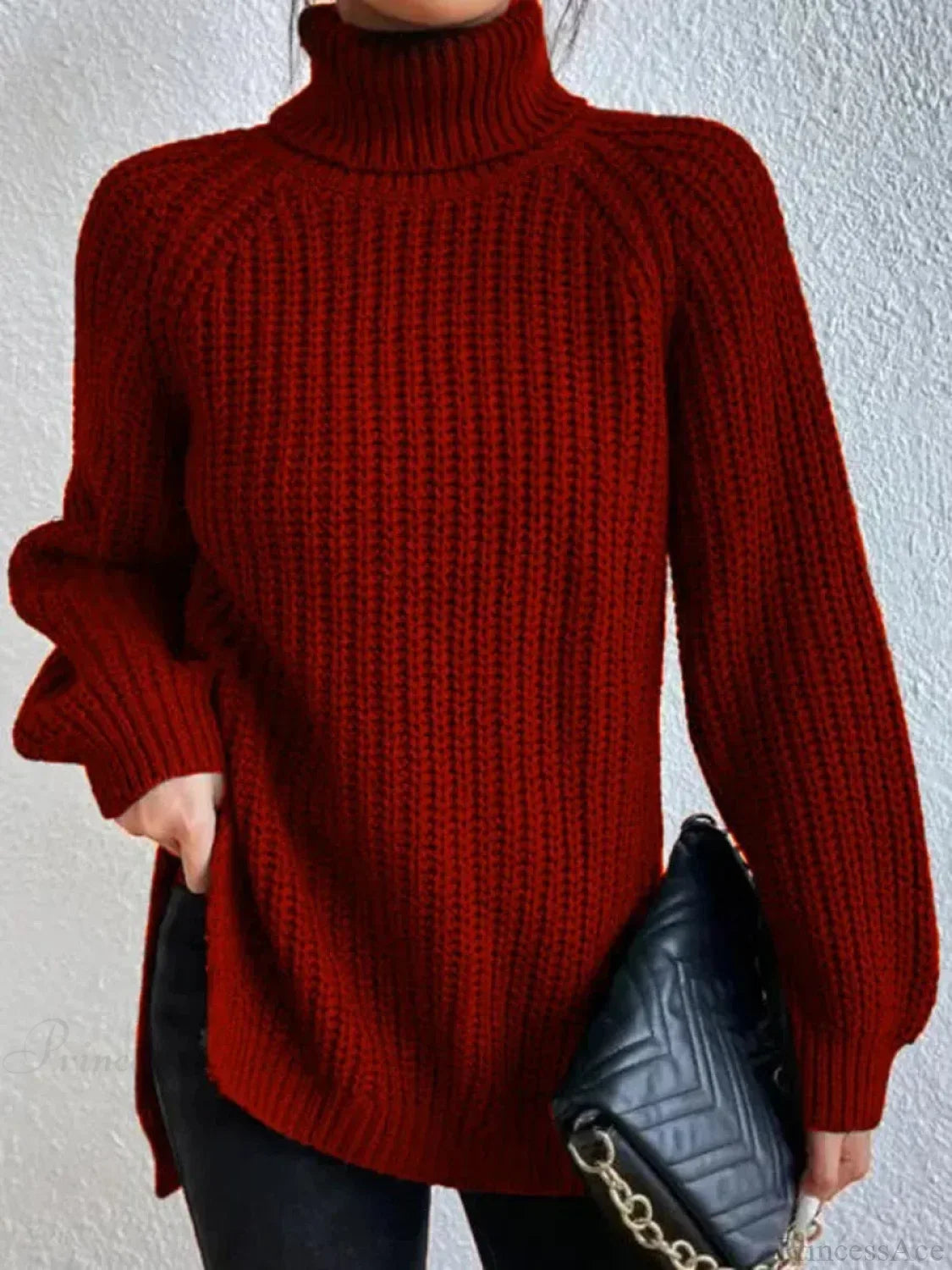 Turtleneck Split Crochet Thick Sweater