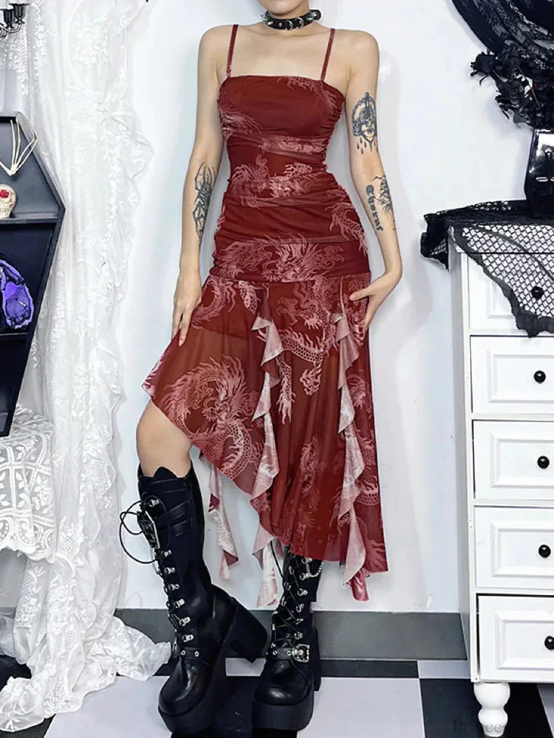 Uneven Suspenders Sleek Midi Dress