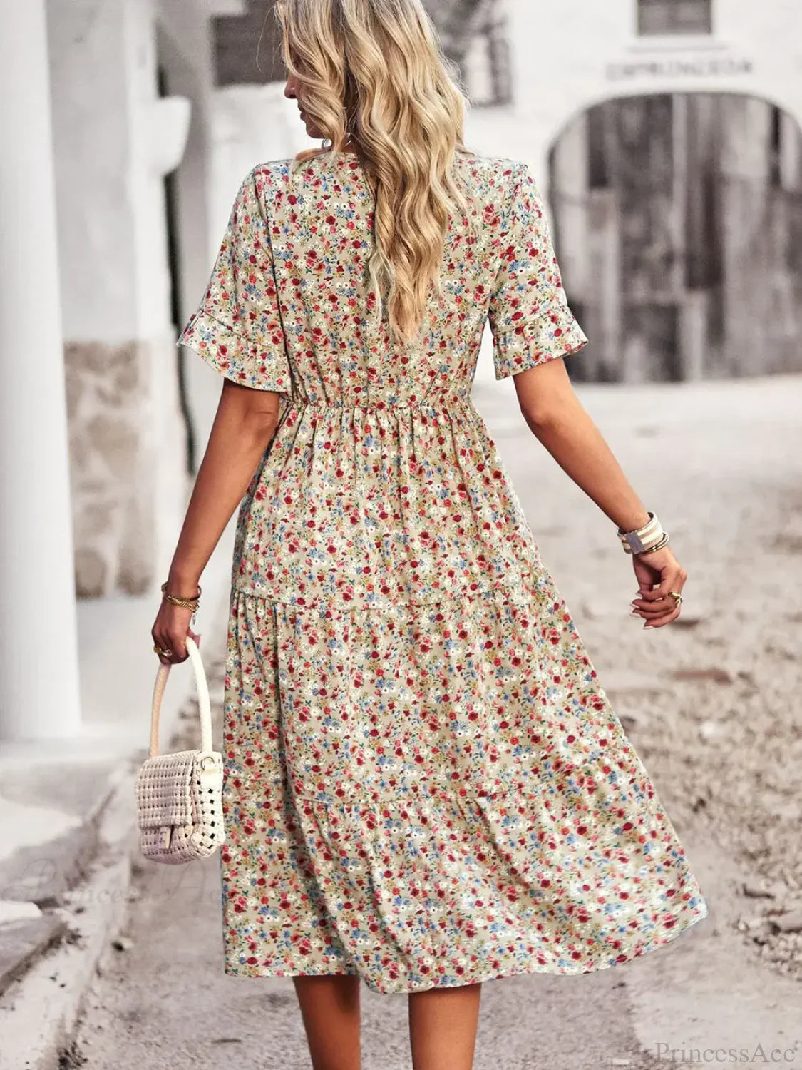 V-neck Elegant Floral Print A-line Holiday Dress