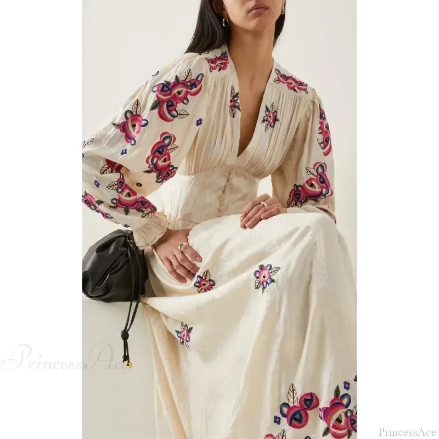 V-neck Floral A-line Lantern Sleeve Cotton Boho Dress