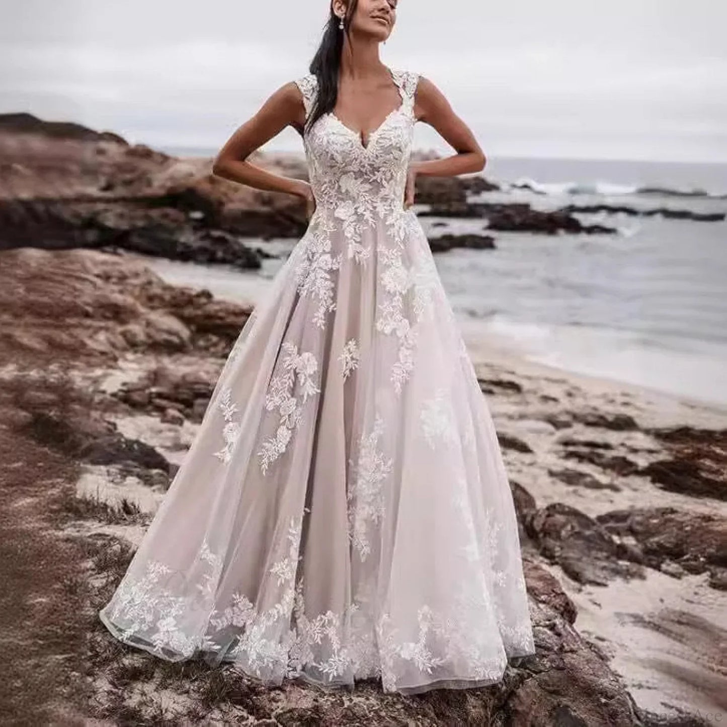 V-Neck Lace A-Line Wedding Dress