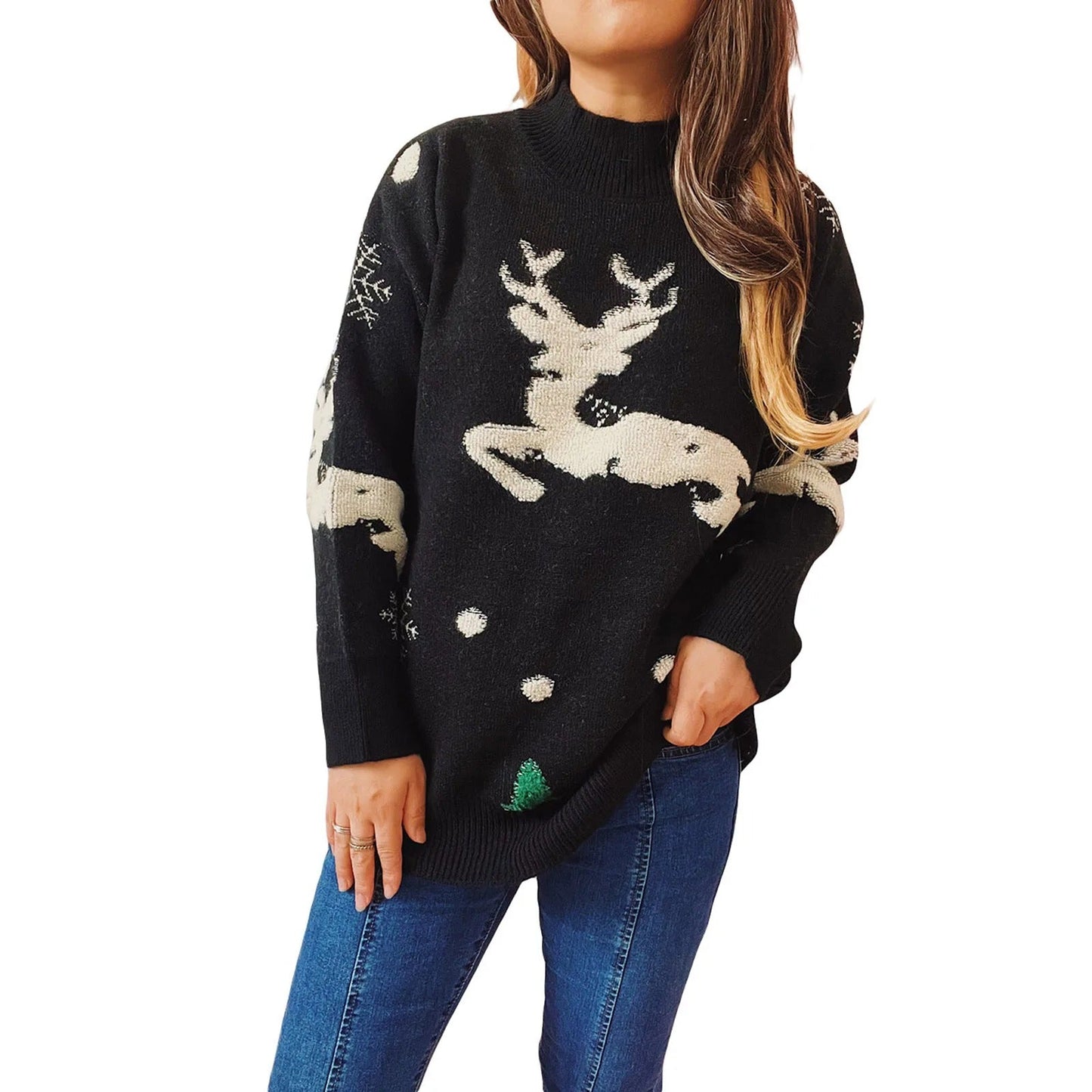 Maria | Women's Christmas jumper with a jumping reindeer motif