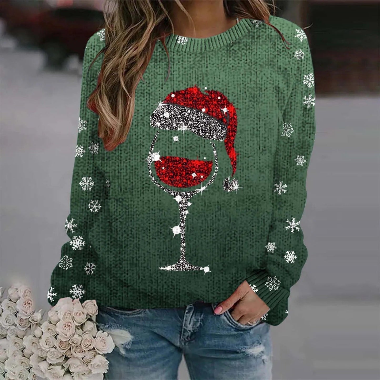 Juliana | Warm sweater with Christmas wine glass and printed Santa hat for women