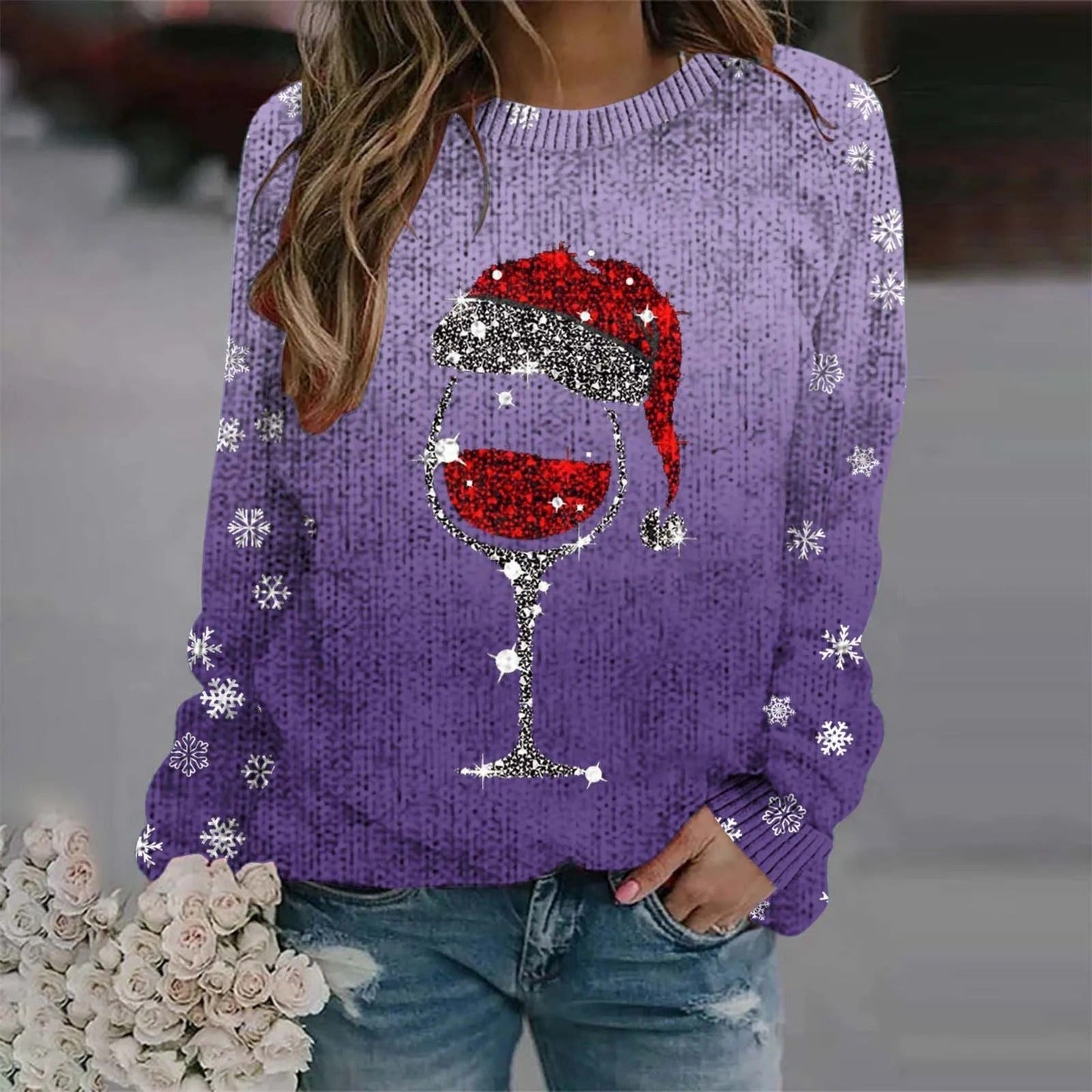 Juliana | Warm sweater with Christmas wine glass and printed Santa hat for women