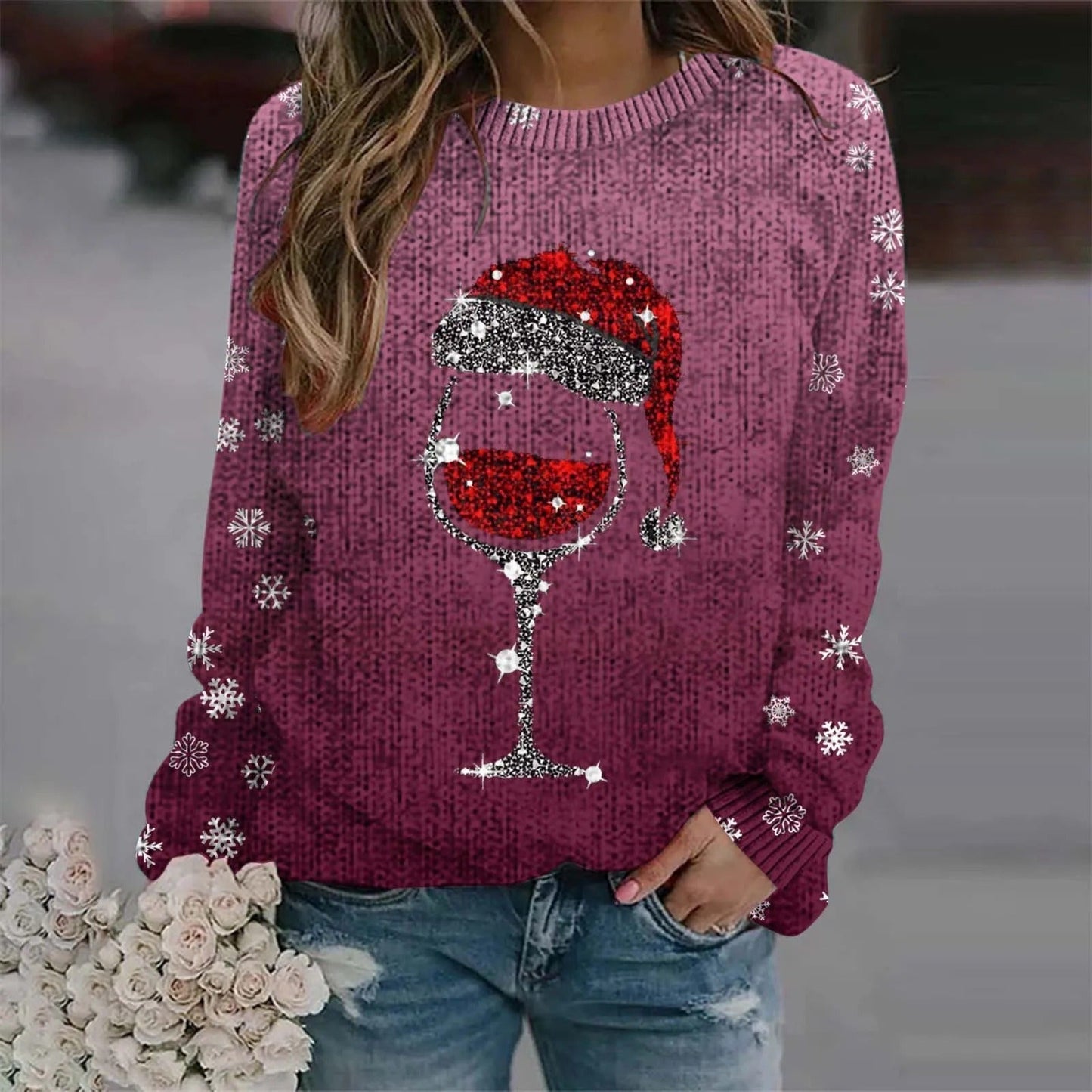 Juliana | Warm sweater with Christmas wine glass and printed Santa hat for women