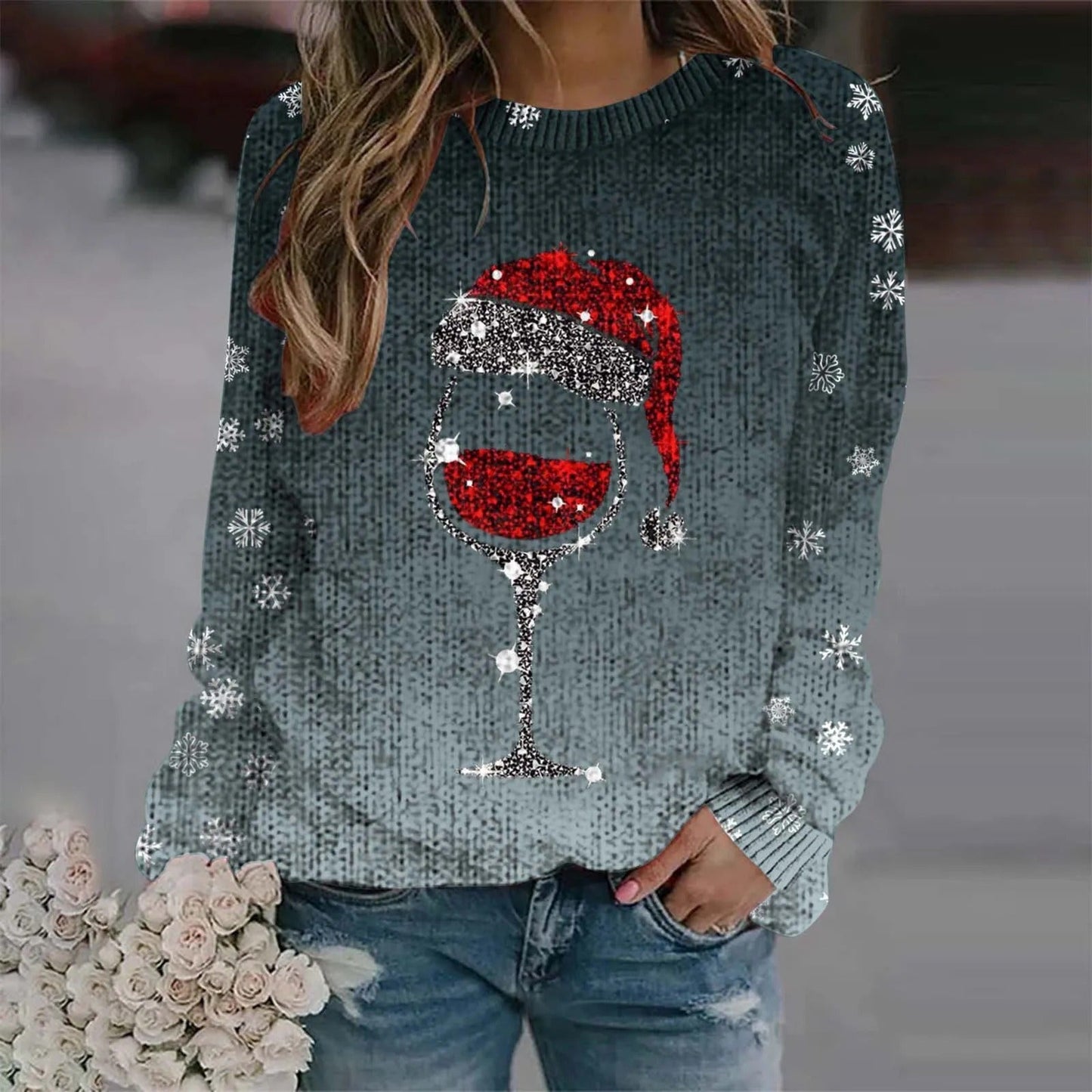 Juliana | Warm sweater with Christmas wine glass and printed Santa hat for women