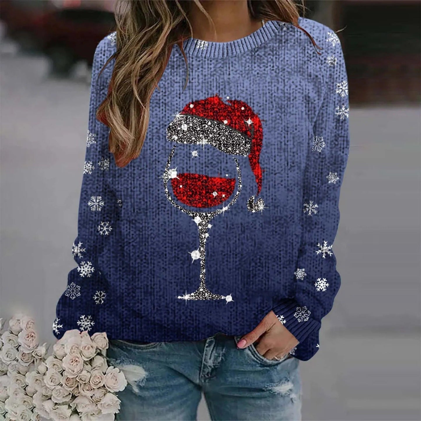 Juliana | Warm sweater with Christmas wine glass and printed Santa hat for women