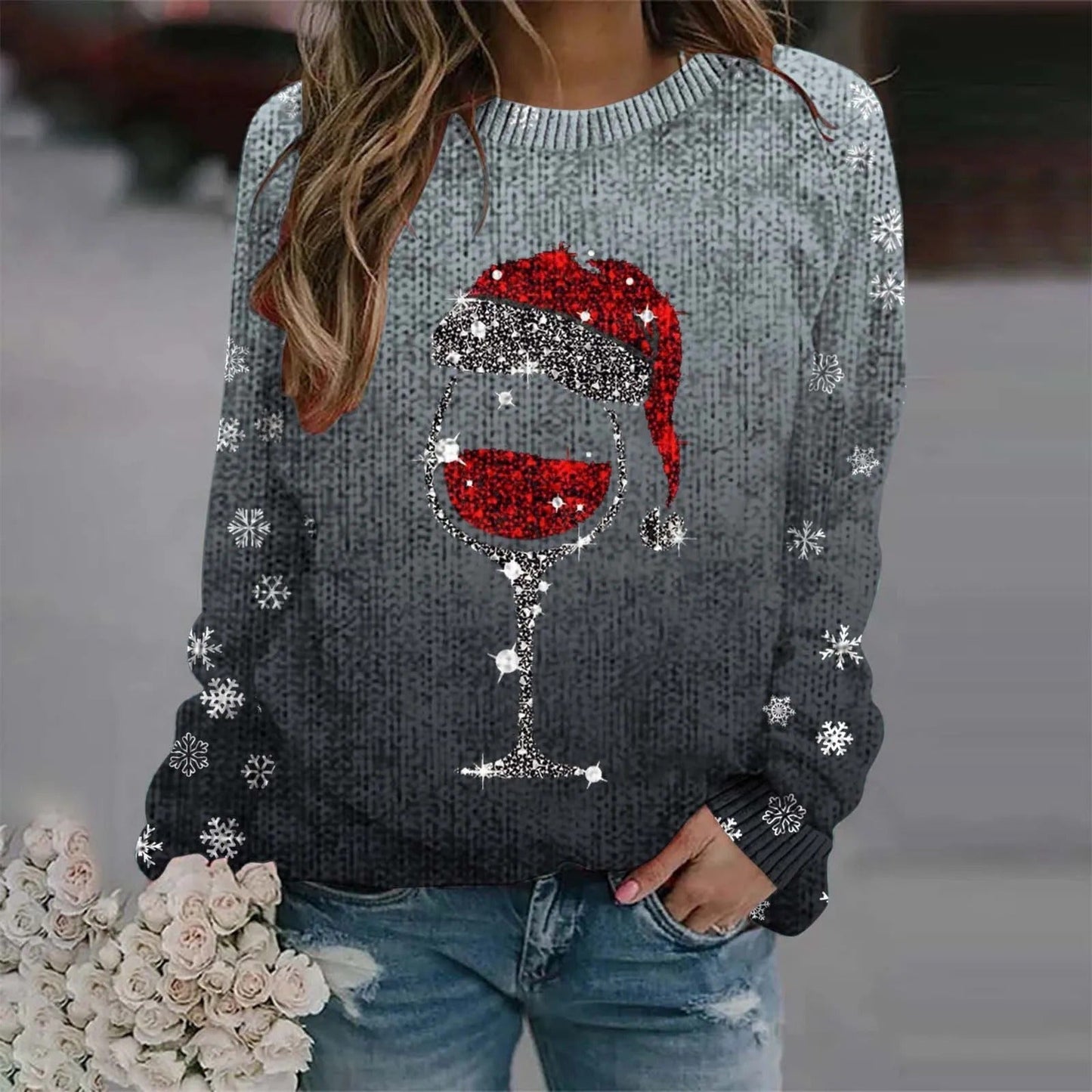 Juliana® | Warm sweater with Christmas wine glass and printed Santa hat for women