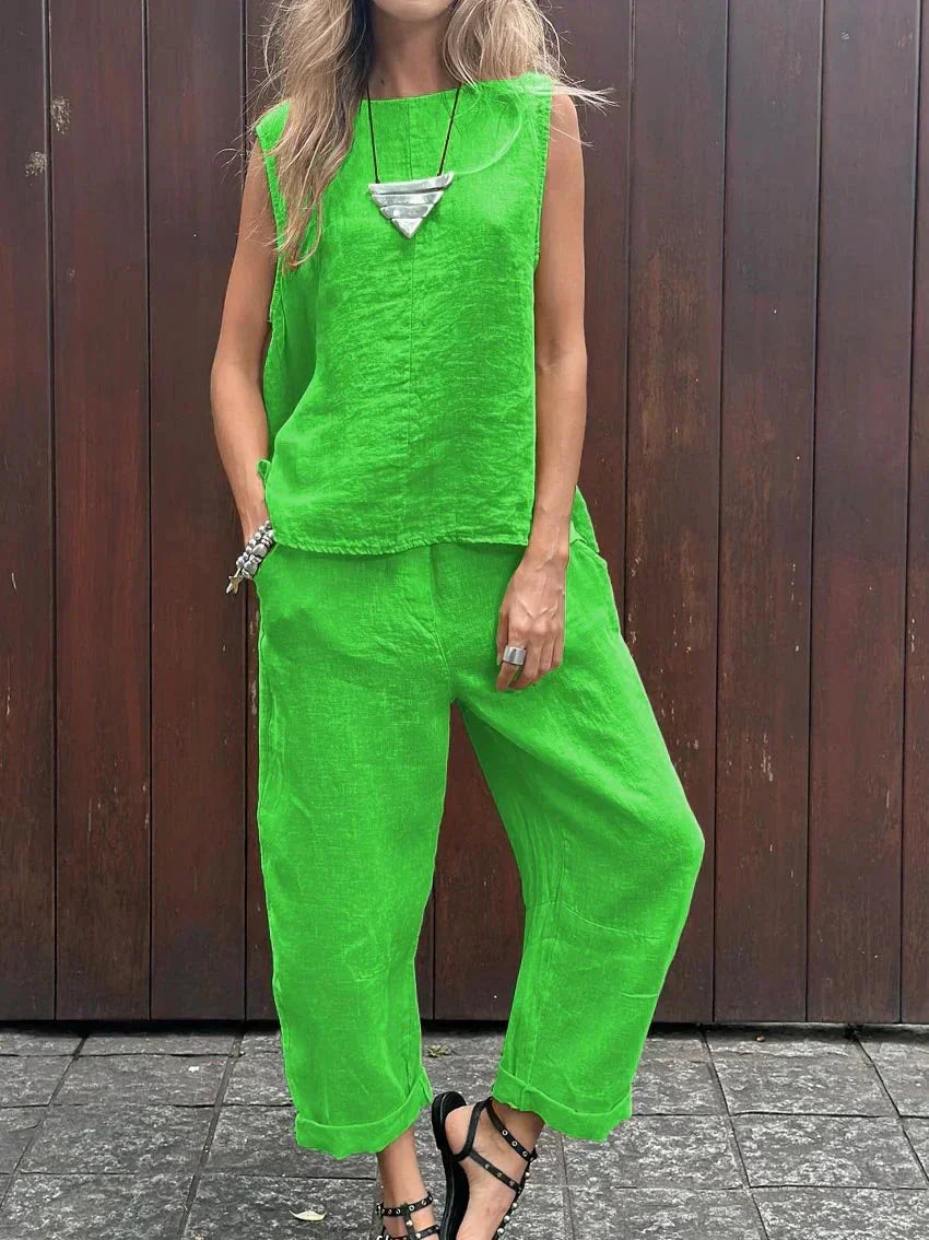 Samantha® | Casual Sleeveless Cotton And Linen Top And Pants Set