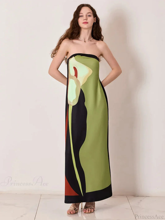 Vintage Abstract Floral Strapless Backless Loose Tube Top Floral Dress