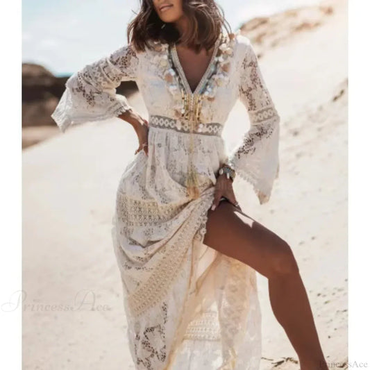 Vintage Embroidery Loose White Red Boho Dress