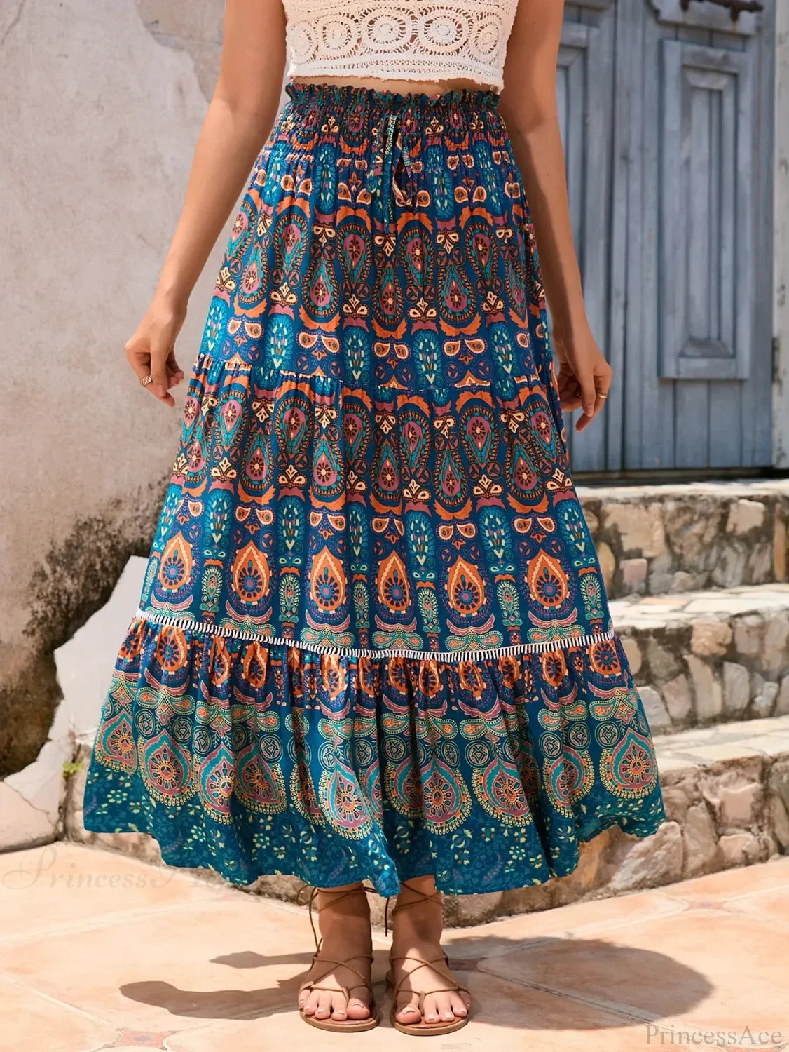 Vintage Floral Peacock Skirt High Elastic Beach Bohemian A-line