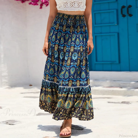 Vintage Floral Peacock Skirt High Elastic Beach Bohemian A-line
