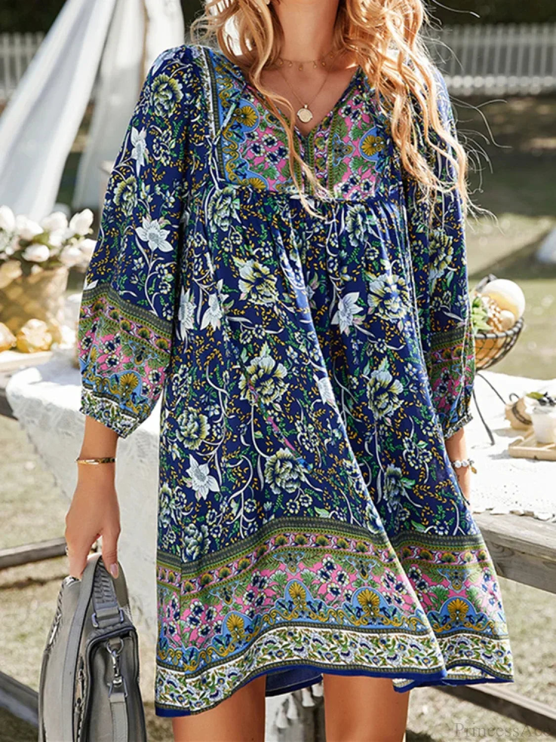 Vintage Floral Print Boho A-Line Dress