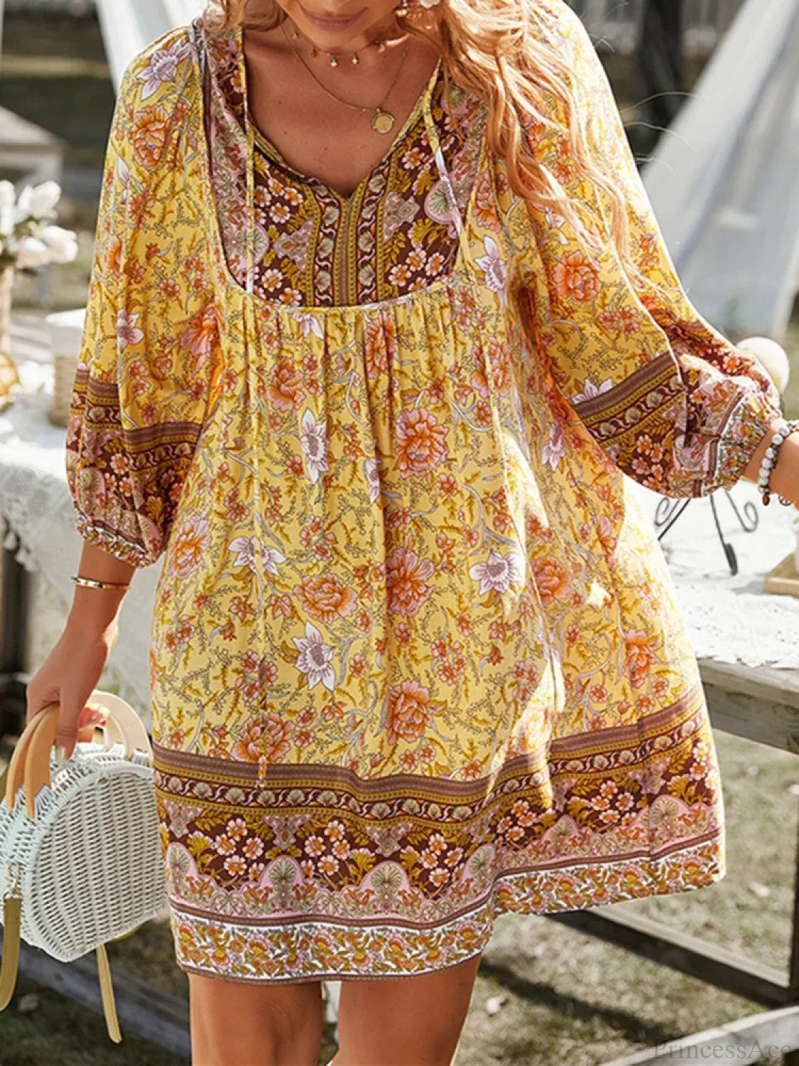 Vintage Floral Print Boho A-Line Dress