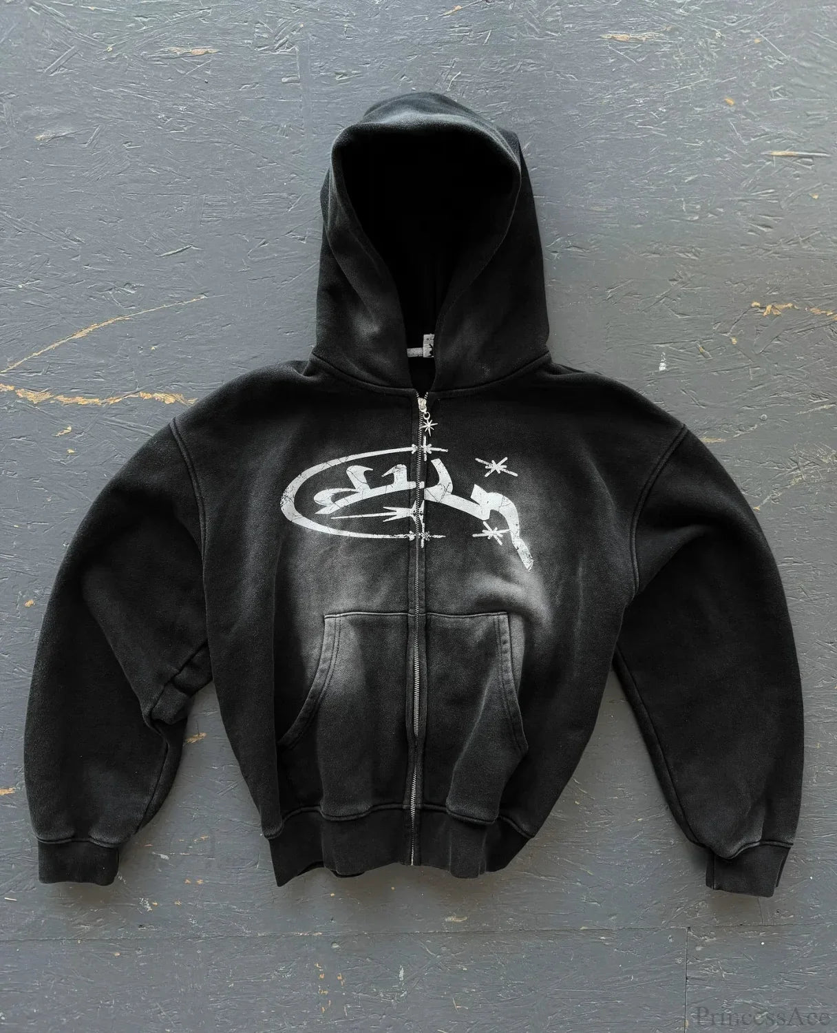 Vintage Print Zip Up Hoodie