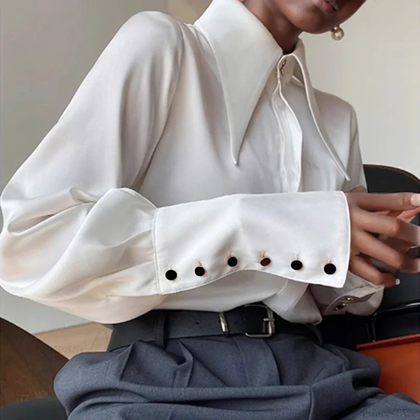 Vintage Satin Silk Turn Down Collar Blouse